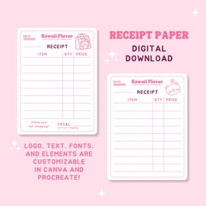 TÉLÉCHARGEMENT NUMÉRIQUE 3 x 4 pouces papier pour reçus | Personnalisable sur Canva et Procreate, emballage pour petite entreprise, design kawaii, idées d'emballage