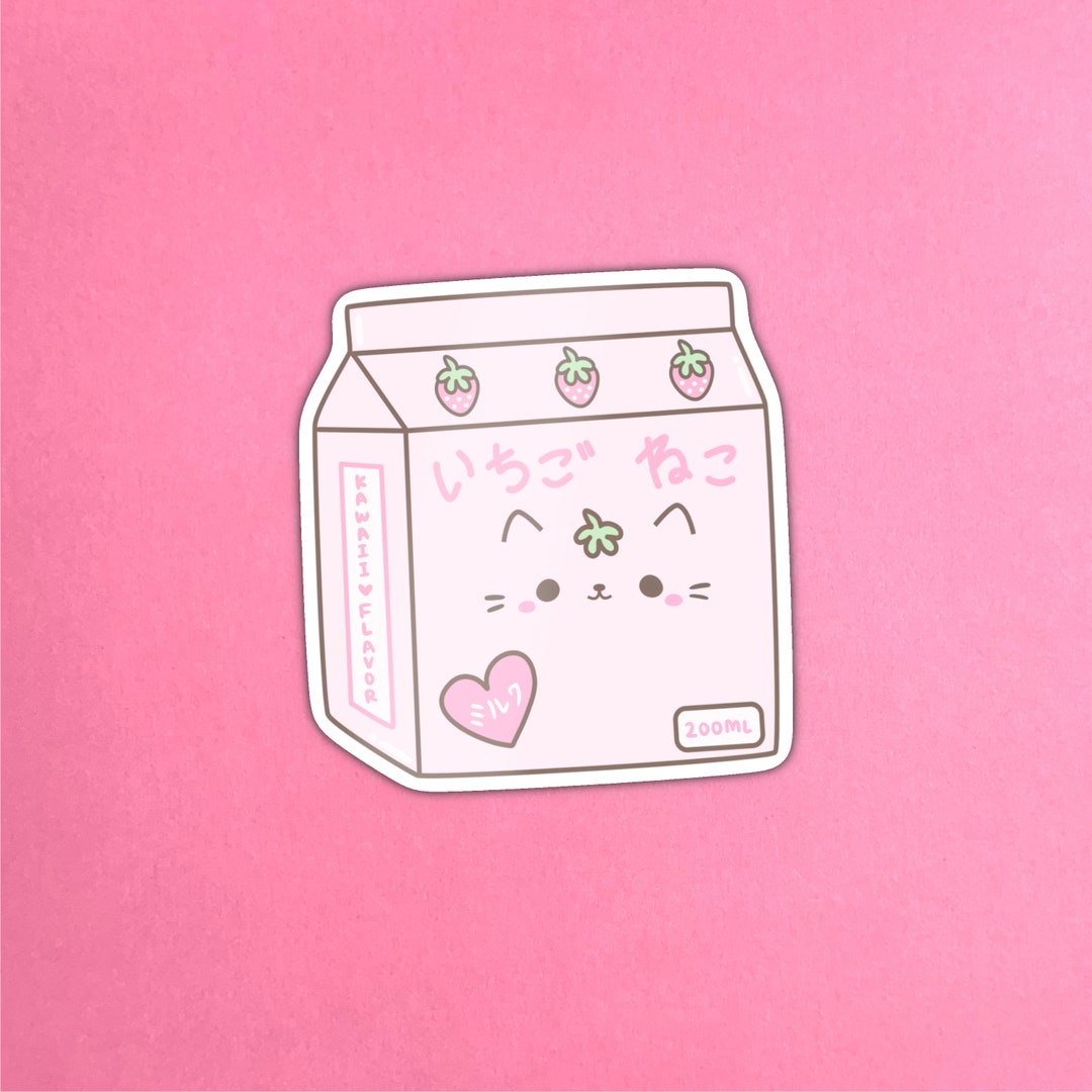 Strawberry Cat Milk Carton Sticker Kawaii Easy Peel Neko Etsy