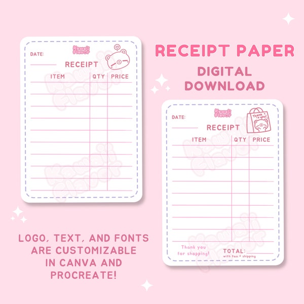 DOWNLOAD DIGITALE Carta per ricevute 3x4 pollici / Personalizzabile in Canva e Procreate, Packaging per piccole imprese, Design Kawaii, Idee di imballaggio