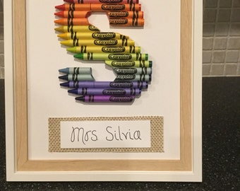 Unique 8 X 10 personalized crayon initial gift. Great for teachers, kids or new baby room!