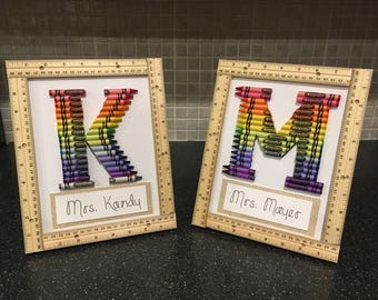 WOOD RULER FRAME ***Unique 8 X 10 personalized crayon initial gift. Great for teachers, kids or new baby room!