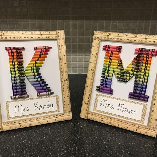 WOOD RULER FRAME ***Unique 8 X 10 personalized crayon initial gift. Great for teachers, kids or new baby room!