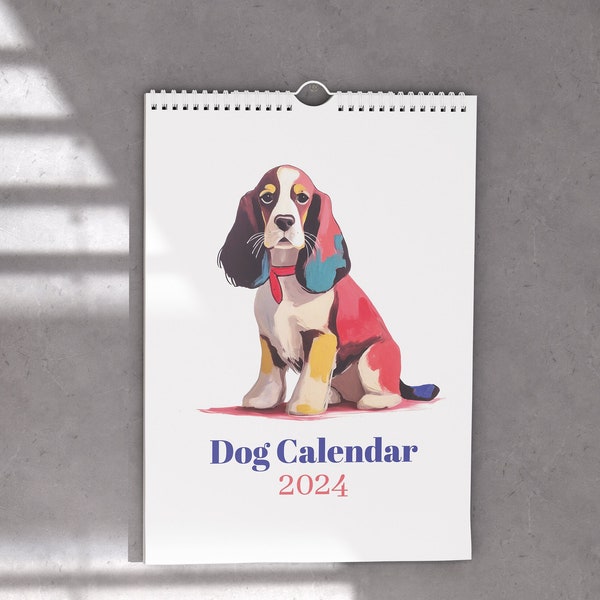 Dog calendar 2024, dog illustrations, illustrated dog calendar, dogs, dog illustrations, dog paintings