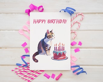 Happy Birthday cat cards, Feliz Cumpleanos, cat illustration card