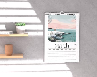 May include: A wall calendar for March 2024, featuring an illustration of a couple standing by a body of water. The calendar is hanging on a gray wall, with a shelf holding a plant, a book, and a decorative cup.