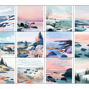 May include: A collection of twelve watercolor landscape paintings. Each painting depicts a coastal scene with rocks, water, and sky in shades of blue, pink, and white. Some scenes include snow, trees, and a small house.