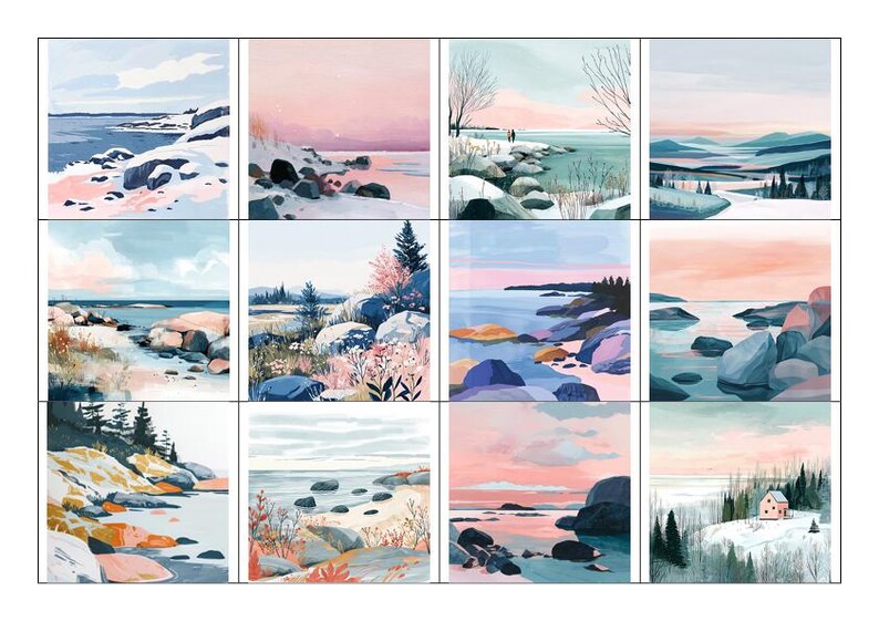 May include: A collection of twelve watercolor landscape paintings. Each painting depicts a coastal scene with rocks, water, and sky in shades of blue, pink, and white. Some scenes include snow, trees, and a small house.