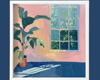 May include: A painting of a potted plant with large green leaves in front of a window with a pink wall. The window is framed in white and has a view of green foliage outside. The floor is blue.