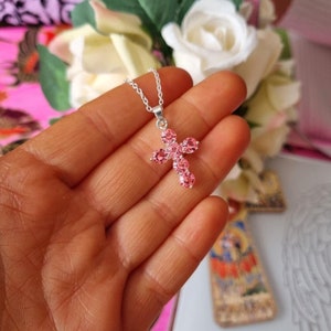 Pink Cross Necklace Sparkly Girls Cross Necklace Christian Cross Necklace Y2K Necklace First Communion Necklace image 1