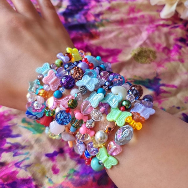 Colourful Beaded Funky Bracelet - Whimsical Bracelet - Y2K Bracelet - Aesethetic Bracelet - Mismatched Bracelet - Butterfly bracelet -