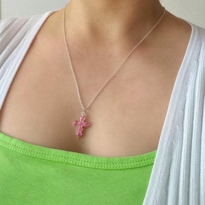 Pink Cross Necklace Sparkly Girls Cross Necklace Christian Cross Necklace Y2K Necklace First Communion Necklace image 4