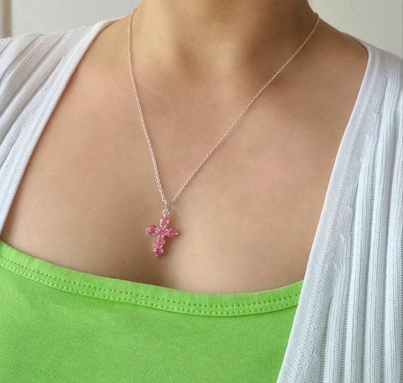 Pink Cross Necklace Sparkly Girls Cross Necklace Christian Cross Necklace Y2K Necklace First Communion Necklace image 4