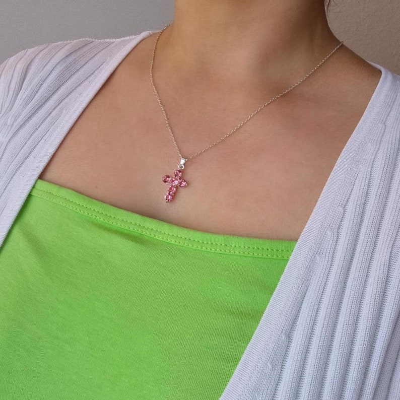 Pink Cross Necklace Sparkly Girls Cross Necklace Christian Cross Necklace Y2K Necklace First Communion Necklace image 2