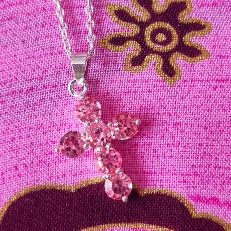Pink Cross Necklace Sparkly Girls Cross Necklace Christian Cross Necklace Y2K Necklace First Communion Necklace image 6
