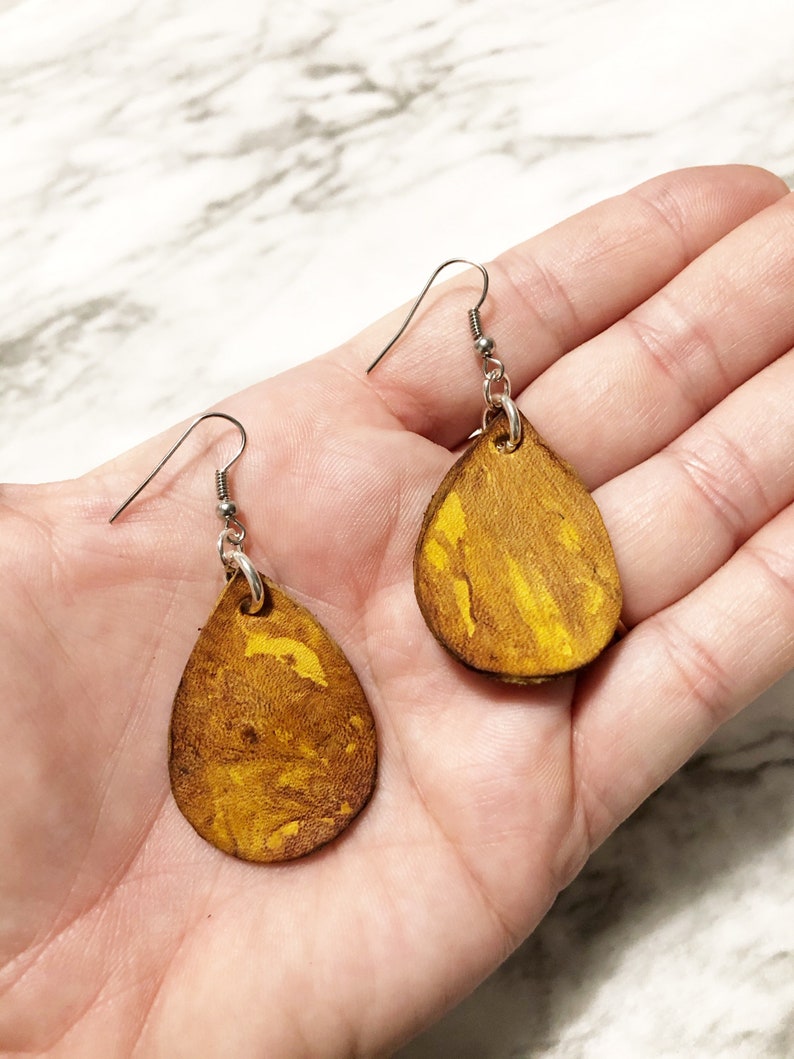 Marbled Small Leather Teardrop Earrings Hand Dyed Tie Dye Dangle Jewelry