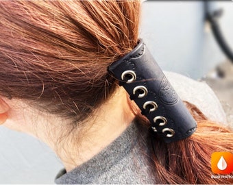 Premium TOOLED Leather Hair Wrap, Ponytail Tie Holder, Leather Hair Jewelry, Laced Corset Style Hair Accessory