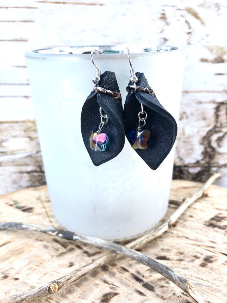 Oil Diffuser Jewelry Small Black Leather Teardrop Leaf With Purple Crystal Butterfly Dangle Petal Earrings Hippie Chic Birthday Mom Gift