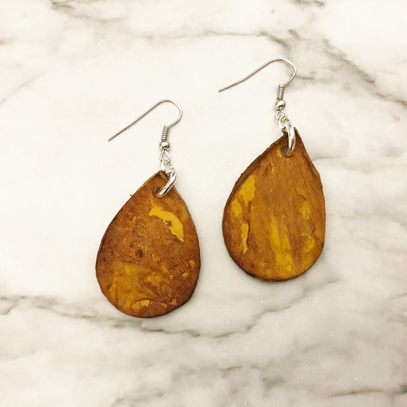 Marbled Small Leather Teardrop Earrings Hand Dyed Tie Dye Dangle Jewelry