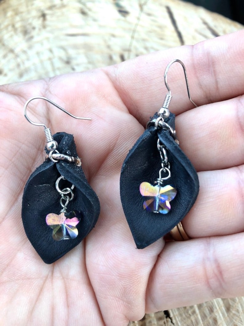 Oil Diffuser Jewelry Small Black Leather Teardrop Leaf With Purple Crystal Butterfly Dangle Petal Earrings Hippie Chic Birthday Mom Gift