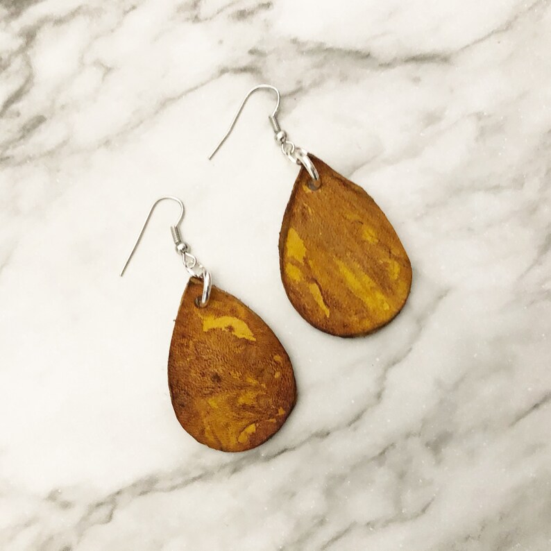 Marbled Small Leather Teardrop Earrings Hand Dyed Tie Dye Dangle Jewelry