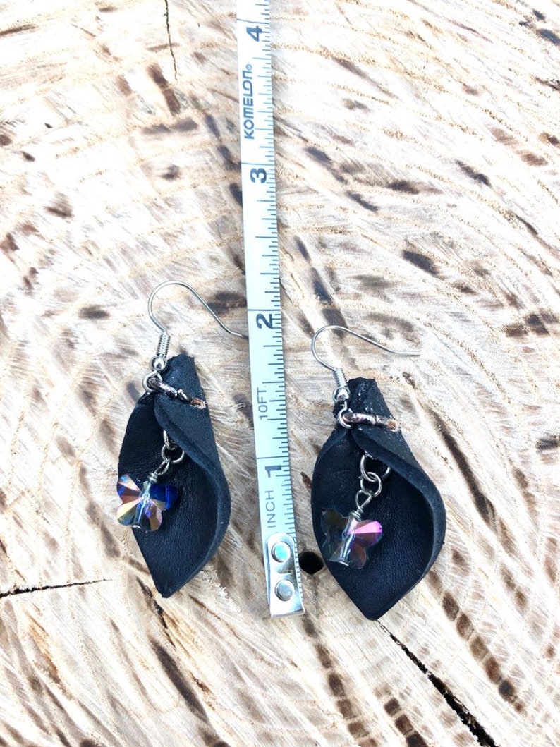 Oil Diffuser Jewelry Small Black Leather Teardrop Leaf With Purple Crystal Butterfly Dangle Petal Earrings Hippie Chic Birthday Mom Gift