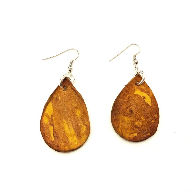 Marbled Small Leather Teardrop Earrings Hand Dyed Tie Dye Dangle Jewelry