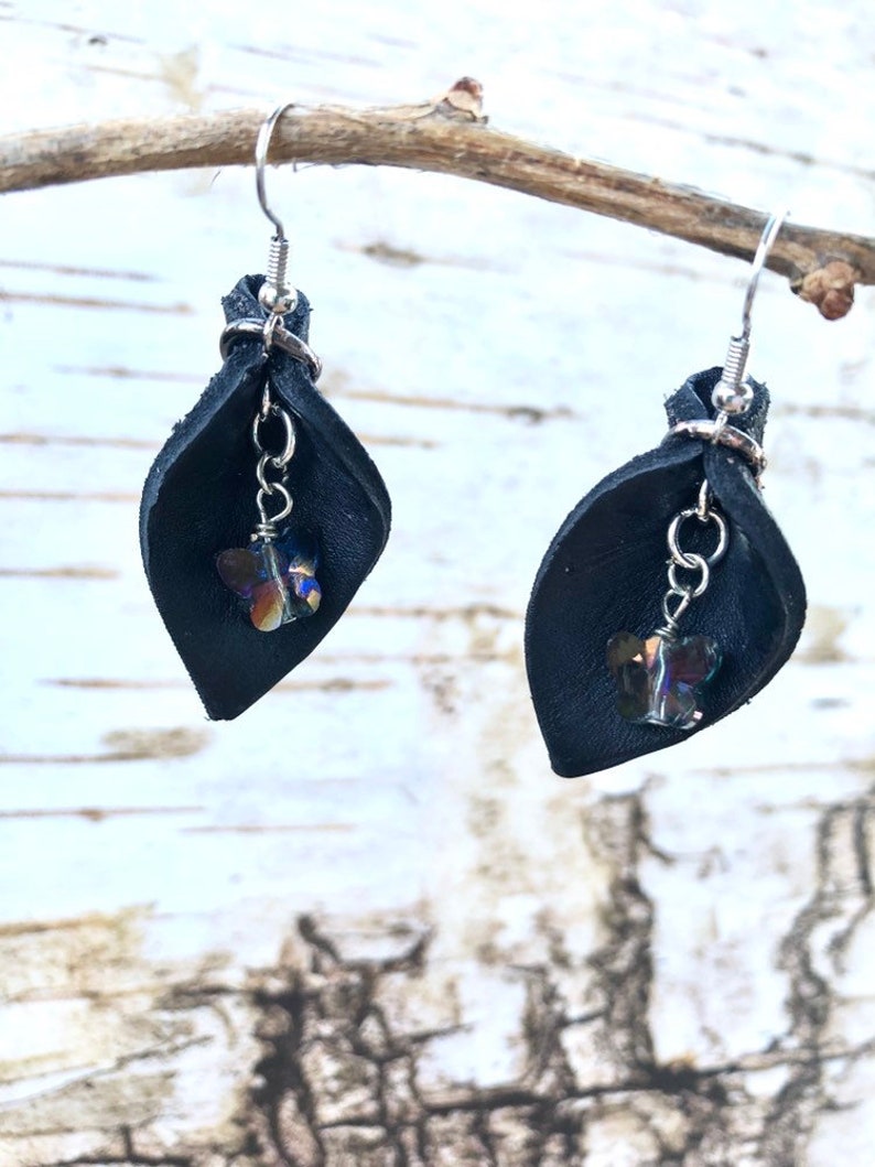 Oil Diffuser Jewelry Small Black Leather Teardrop Leaf With Purple Crystal Butterfly Dangle Petal Earrings Hippie Chic Birthday Mom Gift