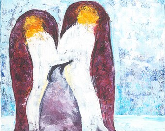 Royalty - square abstract expressionism penguins oil painting