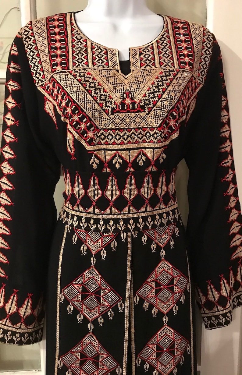 2 Piece Black Dress Abaya Kaftan Thobe and matching belt with beautiful gold and red embroidery