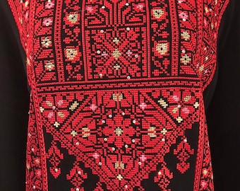Black dress / Tobe / Thobe / Kaftan with Red and colourful Palestinian embroidery