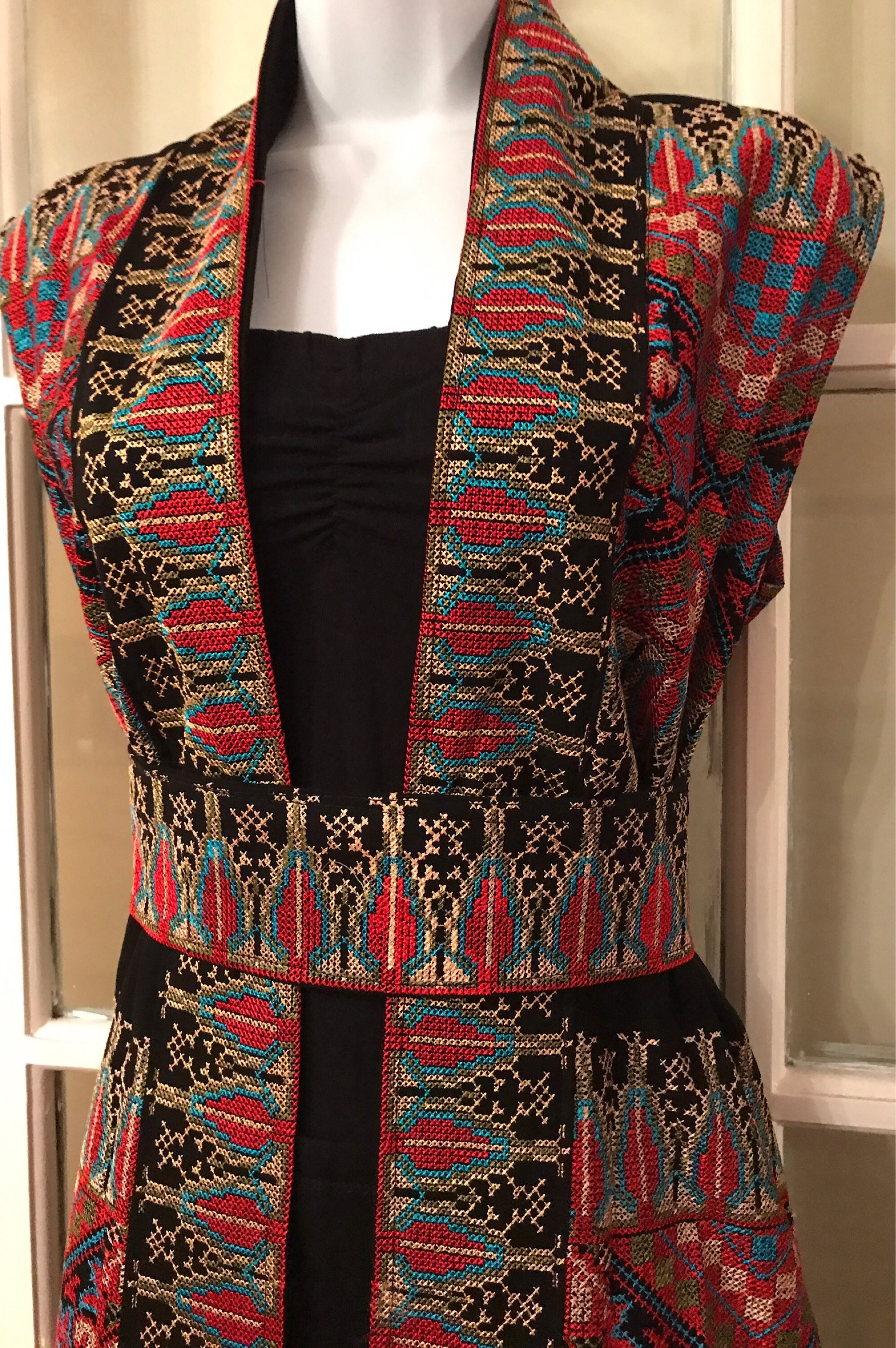 Image of Beautiful Long Chiffon Black Sleevless Kimono With Bright Colourful Palestinian Embroidery