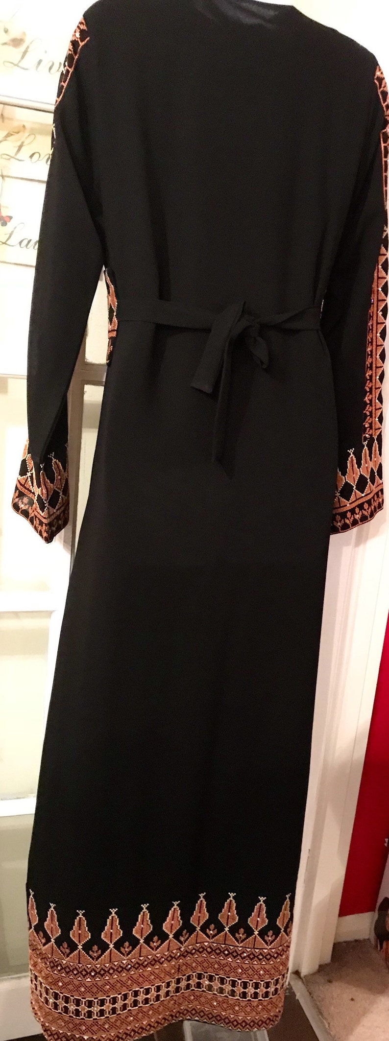 2 Piece Black Dress Abaya Kaftan Thobe and matching belt with beautiful gold and red embroidery