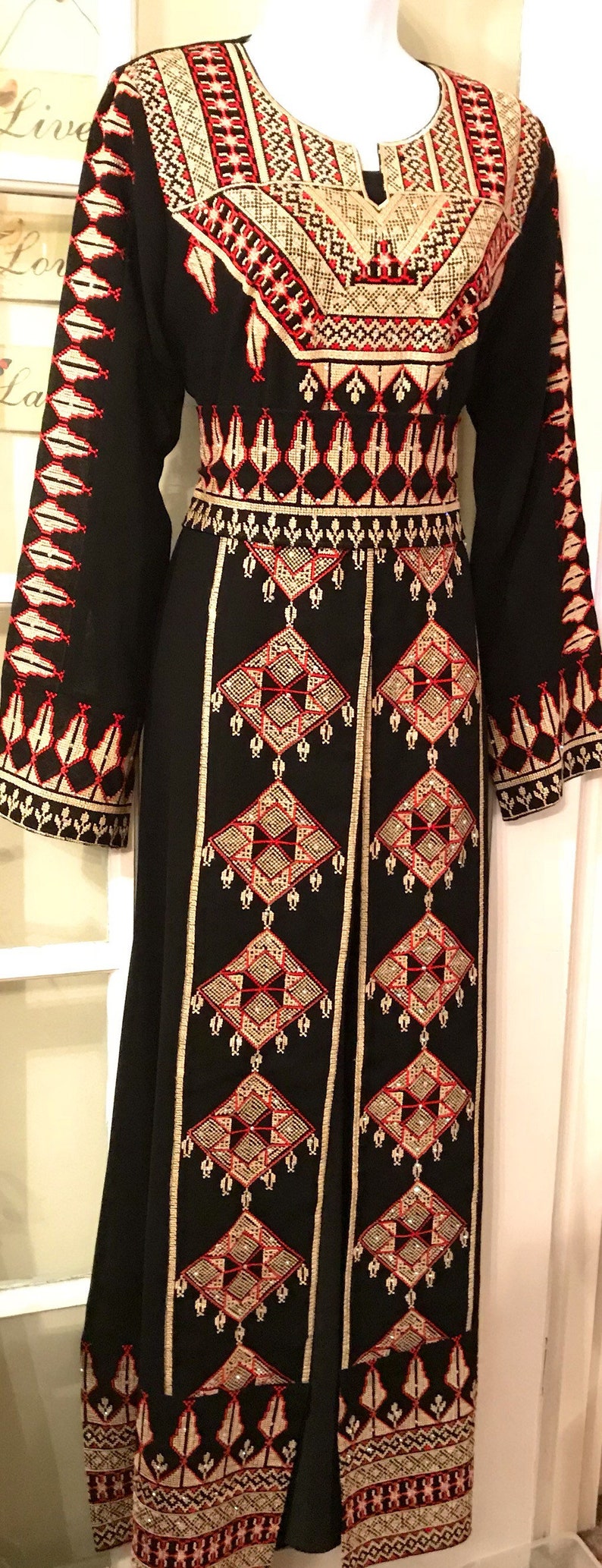 2 Piece Black Dress Abaya Kaftan Thobe and matching belt with beautiful gold and red embroidery