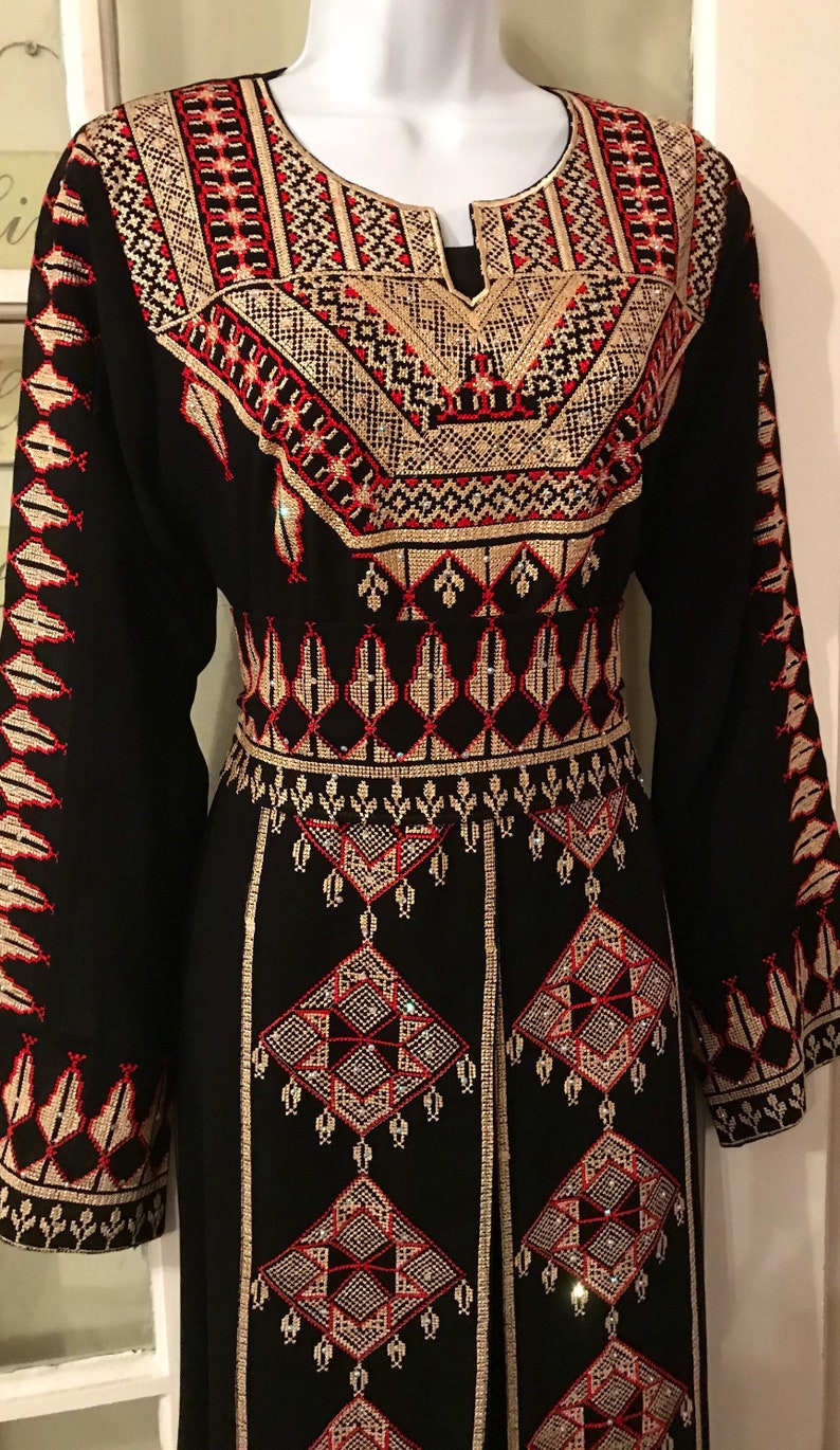 2 Piece Black Dress Abaya Kaftan Thobe and matching belt with beautiful gold and red embroidery