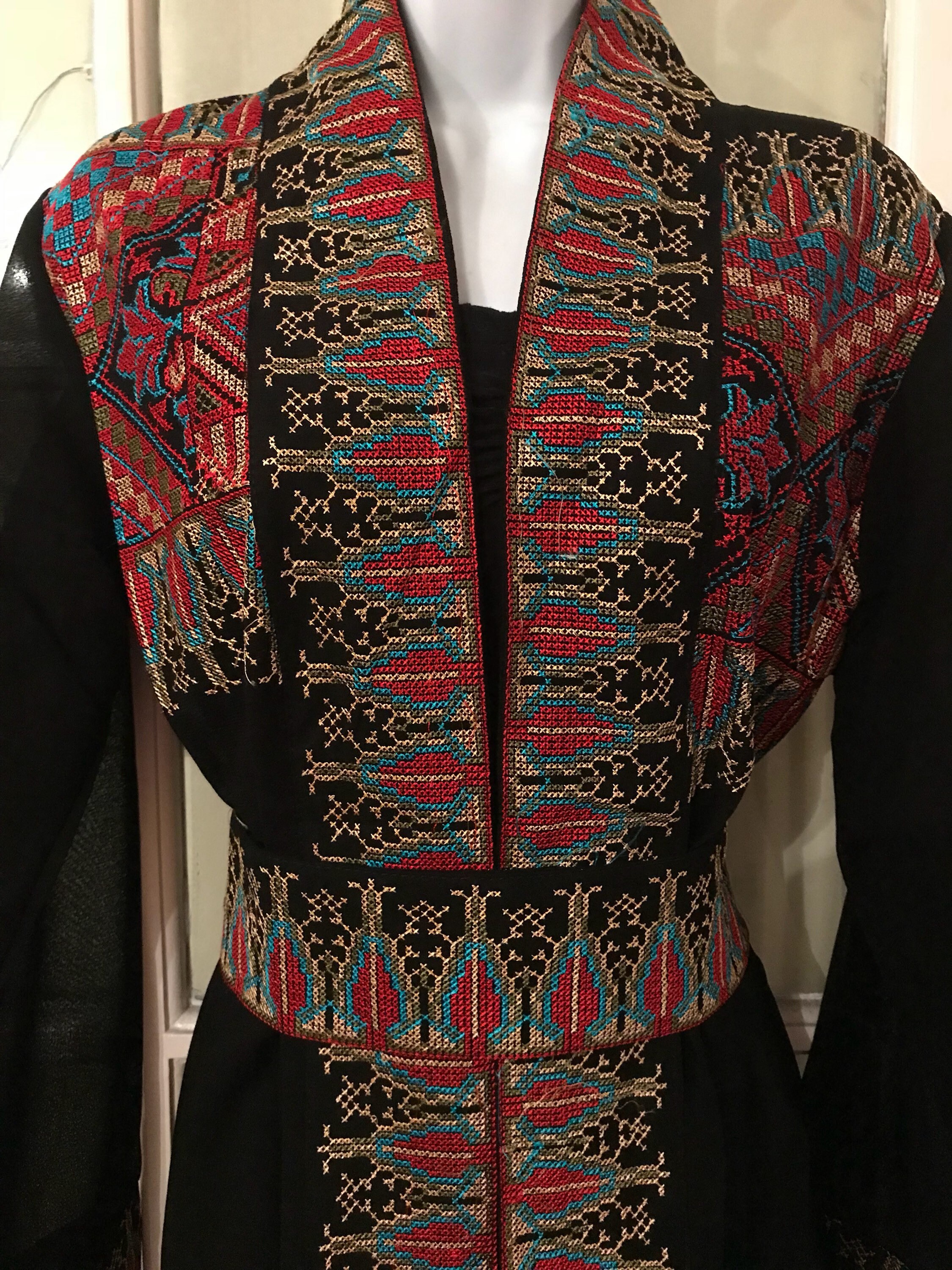 Image of Beautiful Long Chiffon Black Sleeve Kimono With Bright Colourful Palestinian Embroidery