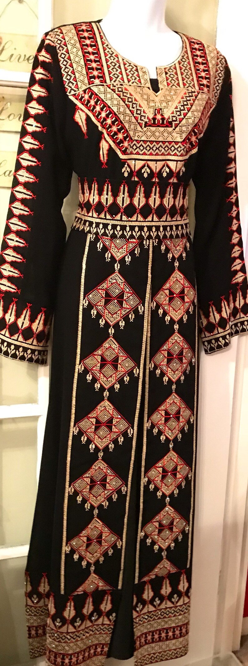 2 Piece Black Dress Abaya Kaftan Thobe and matching belt with beautiful gold and red embroidery