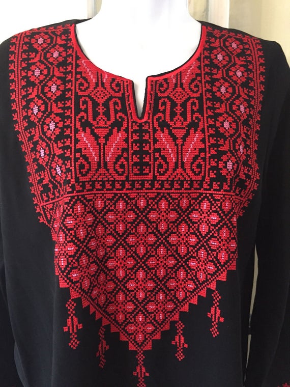 Black Top with Red and Pink Palestinian Cross Stitch / | Etsy