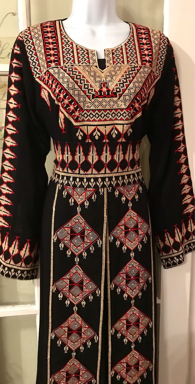 2 Piece Black Dress Abaya Kaftan Thobe and matching belt with beautiful gold and red embroidery