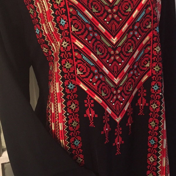 Black dress / Tobe / Thobe / Kaftan with Red, blue, green, gold beige, pink, cream, brown Palestinian embroidery
