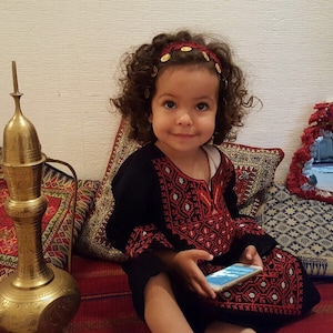 Girls traditional Palestinian dress / Thob / Thoub / Thoube with red embroidery / cross stitch