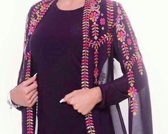 May include: A dark purple dress with a matching embroidered jacket. The jacket features colorful floral embroidery in pink, orange, and yellow along the edges and sleeves. The outfit is displayed against a plain white background.