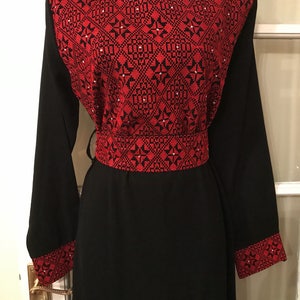 Beautiful black dress / abbaya / kaftan / thobe with red Palestinian embroidery / cross stitch