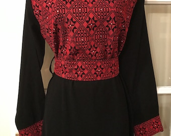 Beautiful black dress / abbaya / kaftan / thobe with red Palestinian embroidery / cross stitch