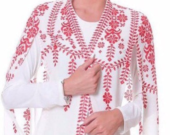 May include: White cardigan with a red embroidered floral design. The cardigan has a long, open front and long sleeves.