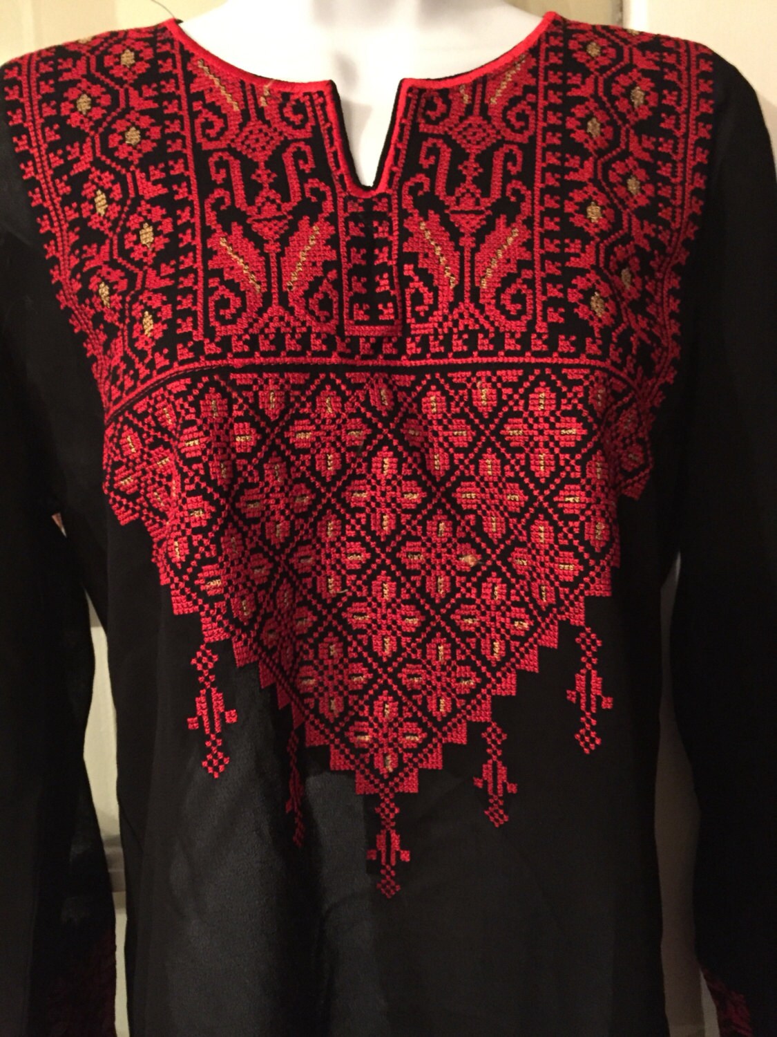 Image of Black Chiffon Top With Red & Gold Palestinian Embroidery