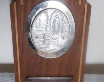 Antique Art Deco font, wood base clam stainless steel and glass, pewter Medallion inlaid, Immaculate Conception, Lourdes, France