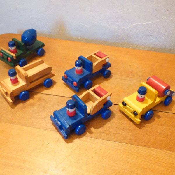 Wooden toys, set of 5 miniature wooden construction machines, vintage 80's toy, concrete top trucks, steamroller, kdo Noel