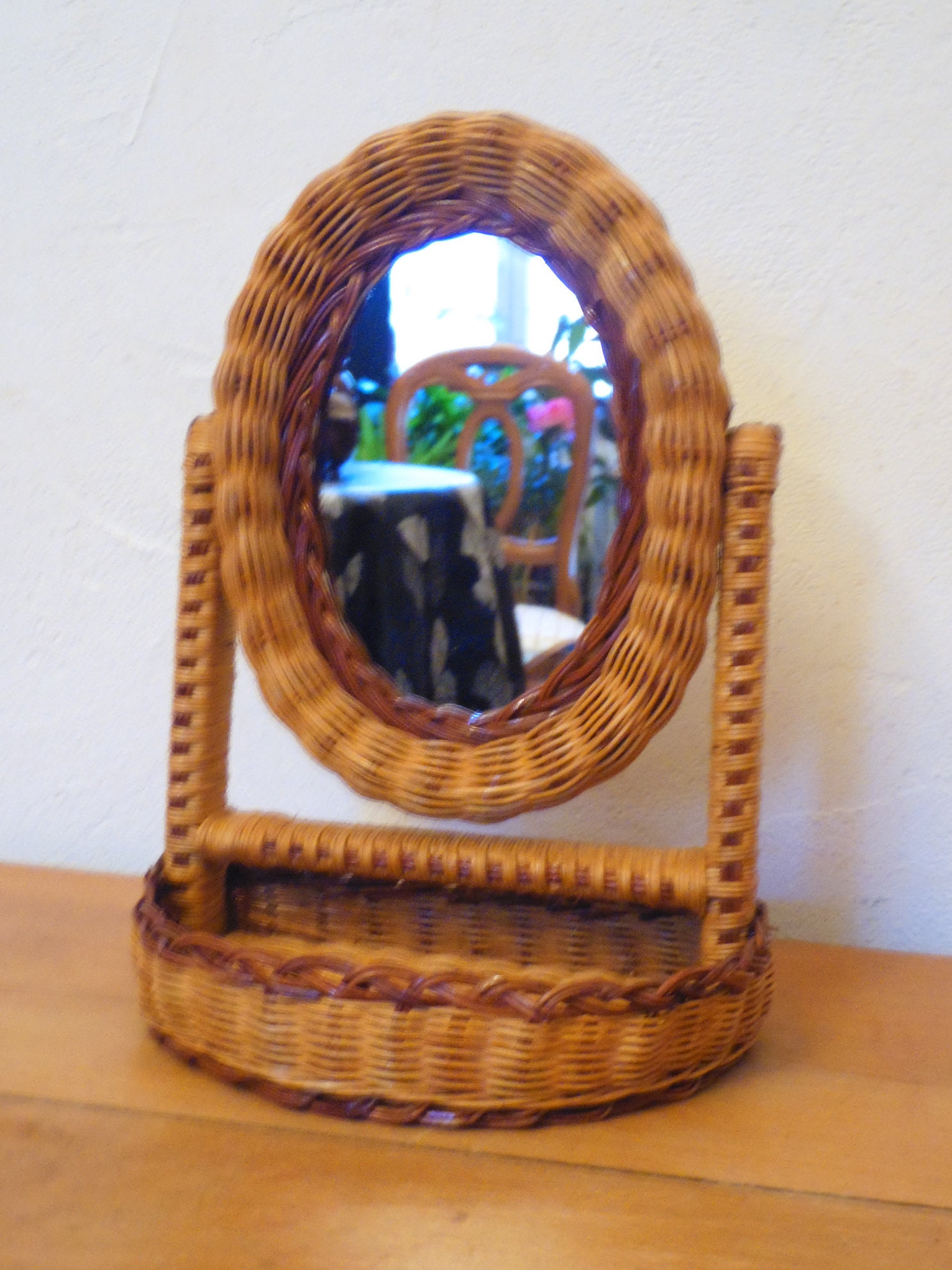 Coiffeuse Miroir A Poser, Vide Poche, Osier Tressé Couleur Miel et Marron, Déco Boho, Vintage, Kinfo