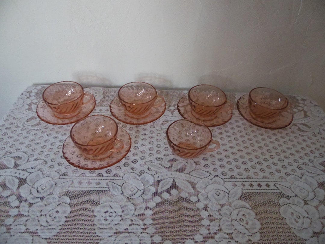6 Small Coffee Cups and 5 Matching Saucers, Rosaline Model, Transparent
