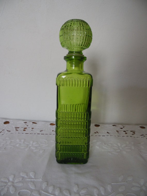 Large chiseled molded glass bottle with cap, tran… - image 2